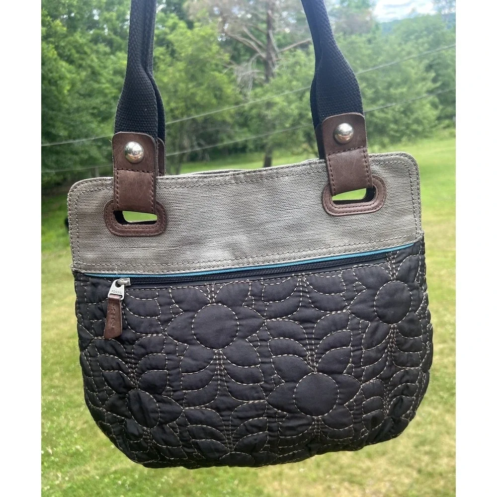 Fossil KEY-PER Black Gray Teal Quilted Fabric Shoulder Bag Satchel